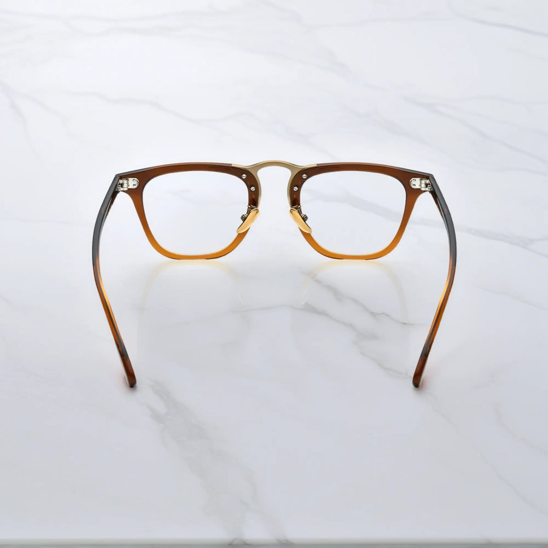 Rear view of VoyueLens™ VL19214 brown square acetate glasses, showing temple curvature and inner surface craftsmanship.