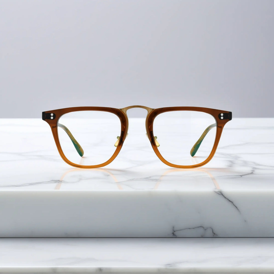 Front-facing view of VoyueLens™ VL19214 brown acetate square eyeglasses showcasing polished frame details and bold silhouette.