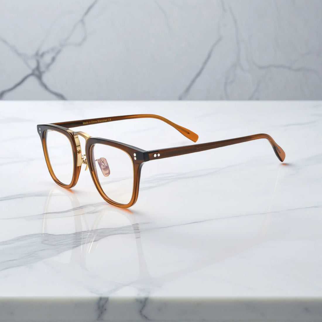 Side profile of VoyueLens™ VL19214 brown square eyeglasses highlighting slim temples and embedded metal hinge construction.