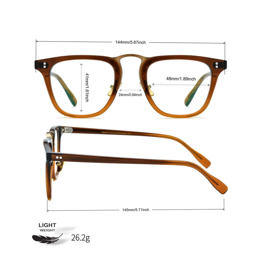 Dimensional guide of VoyueLens™ VL19214 brown square acetate eyeglasses with frame, lens, and bridge measurements.