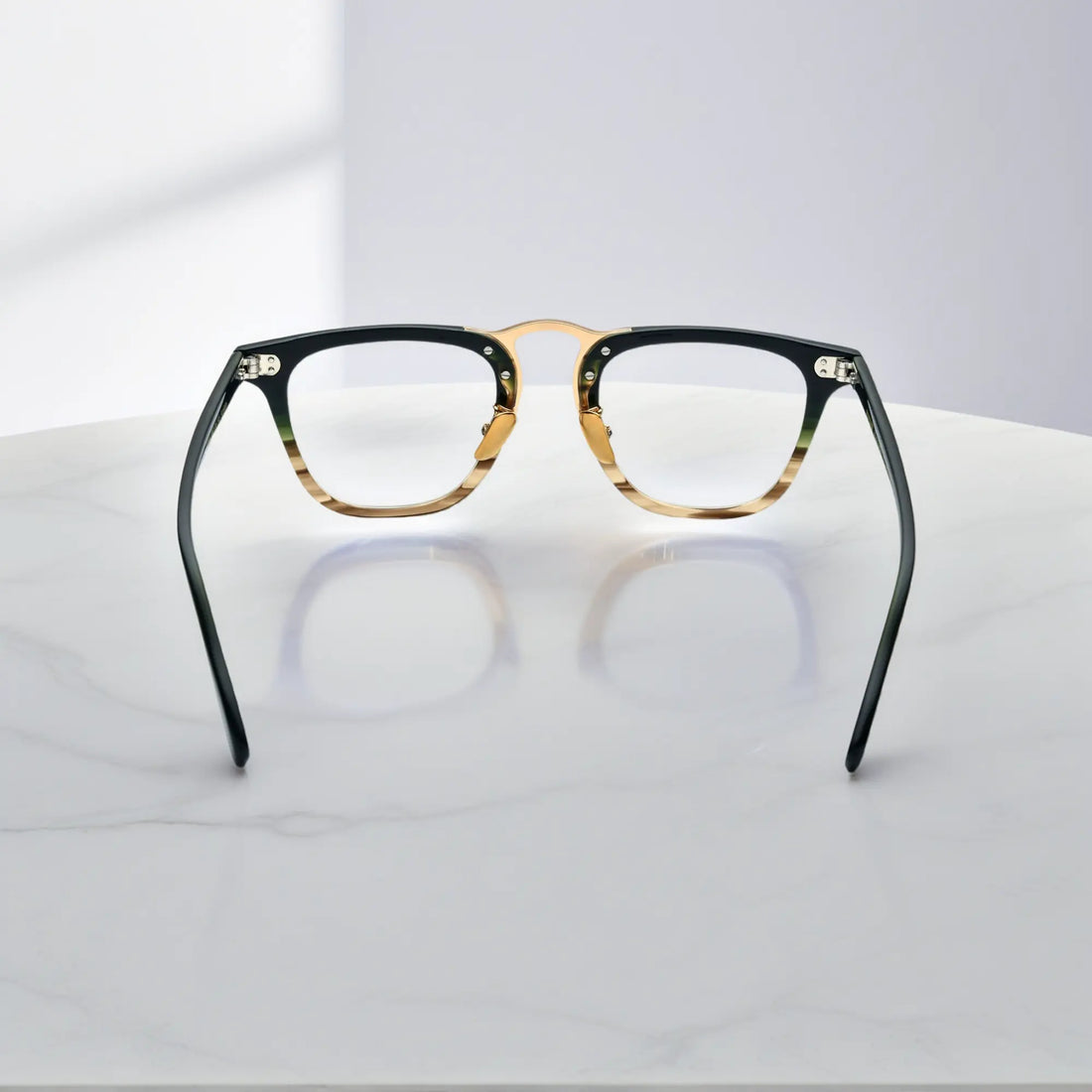 Rear angle of VoyueLens™ VL19214 gold striped square acetate eyeglasses showcasing ergonomic design and stylish arms.
