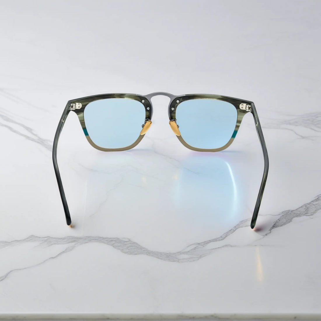 Rear shot of VoyueLens™ VL19214 olive striped square eyeglasses displaying curved arms and lightweight back view design.
