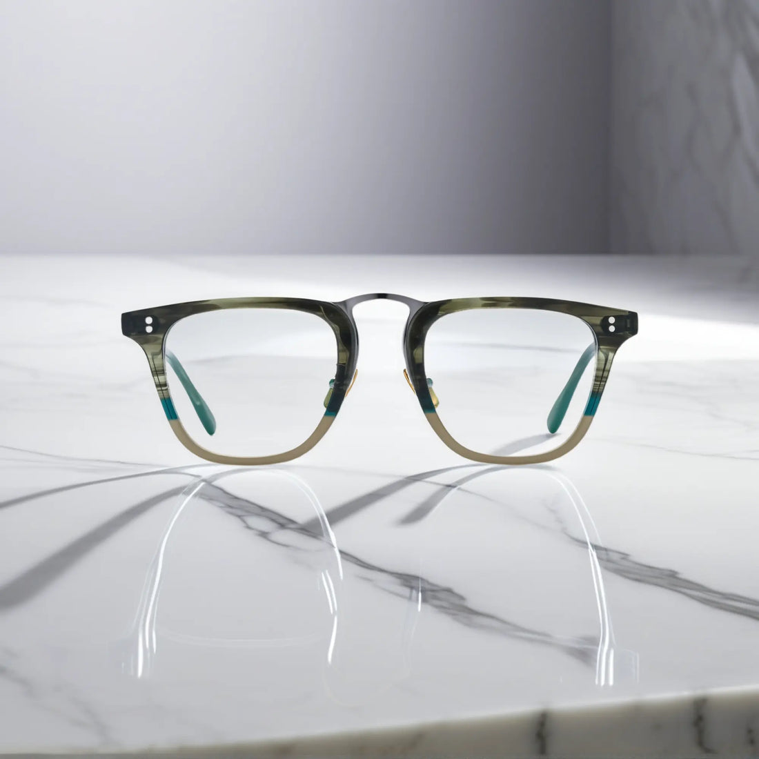 Front perspective of VoyueLens™ VL19214 olive striped acetate square eyeglasses with earthy tones and structured style.