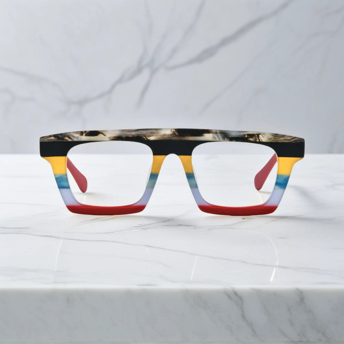 Front-facing view showcasing the bold square frame design of VoyueLens Acetate Square Eyeglasses in Amber Tortoiseshell