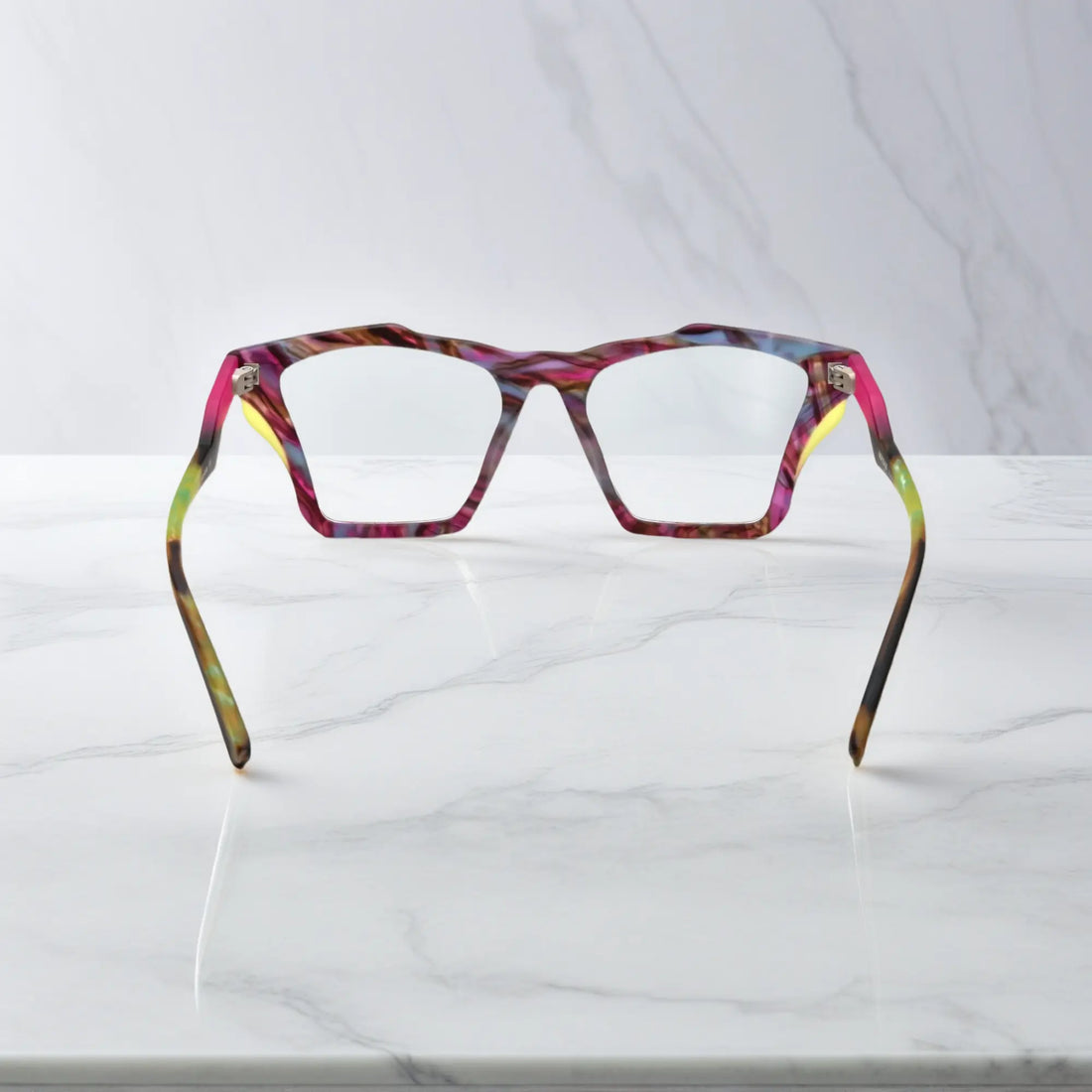 Rear view of VoyueLens™ Amethyst Bloom frame, displaying deep matte violet with lavender gradients from the inner frame and hinge area.
