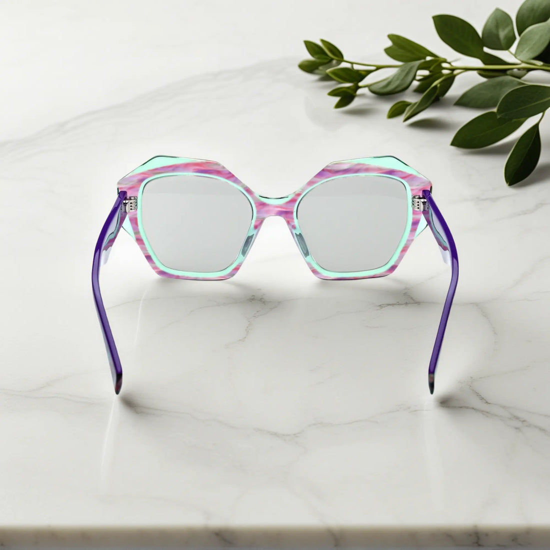 Back angle of Amethyst Mist glasses with color-integrated frame and lightweight design.