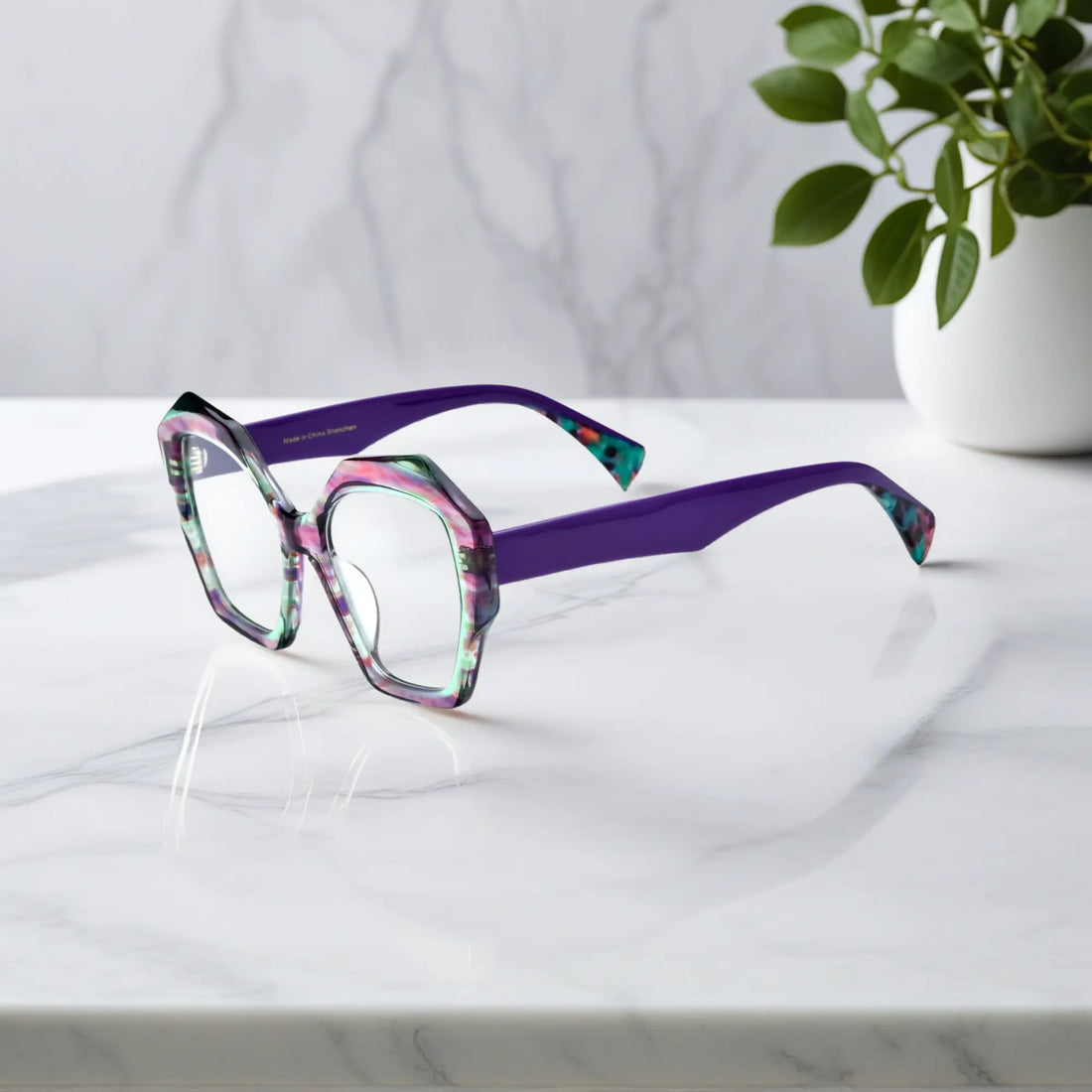 Side profile of VoyueLens™ Amethyst Mist showing vivid purple temples and clear frame lines.