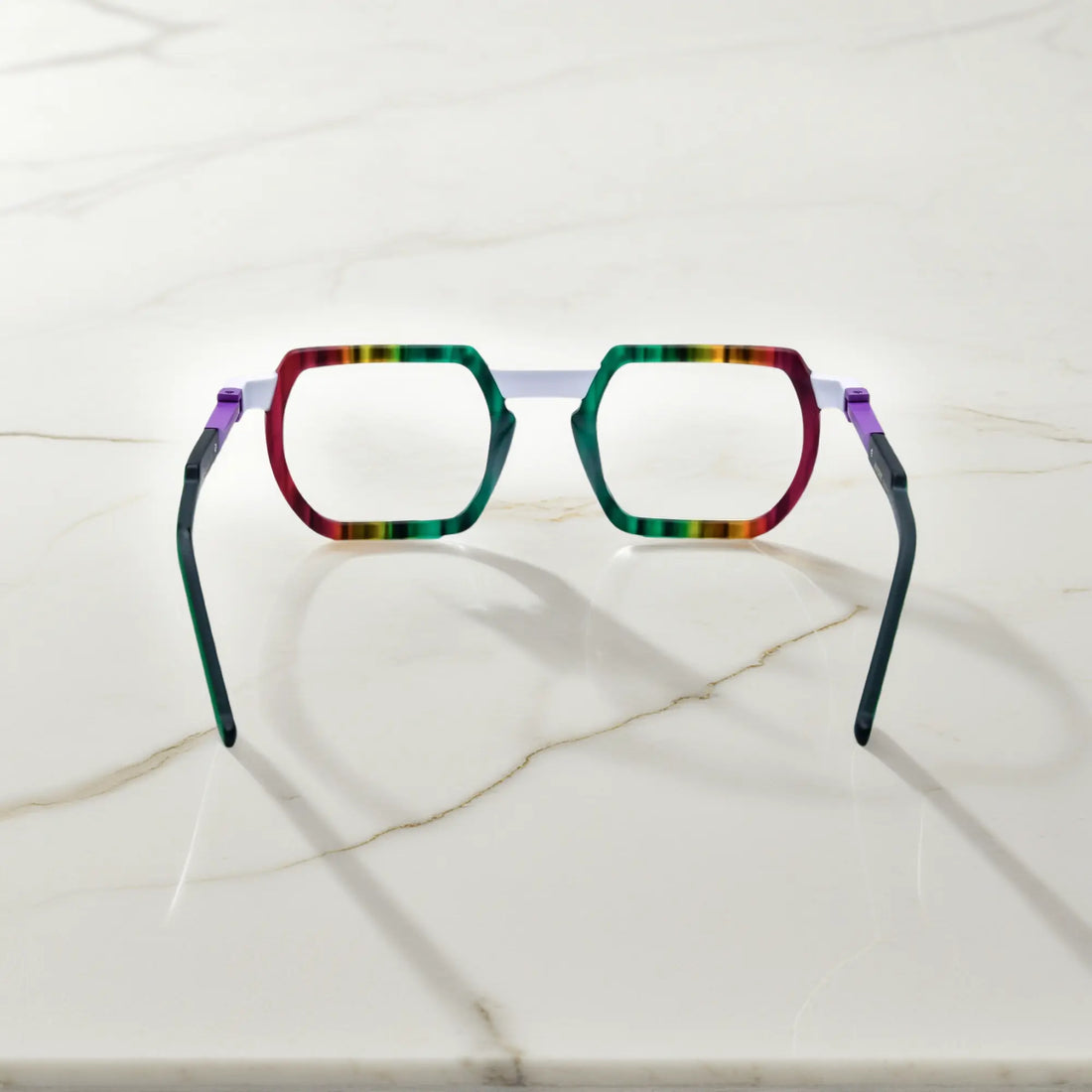 Rear view of Aurora Fade eyeglasses with shimmering color transition and high-gloss finish