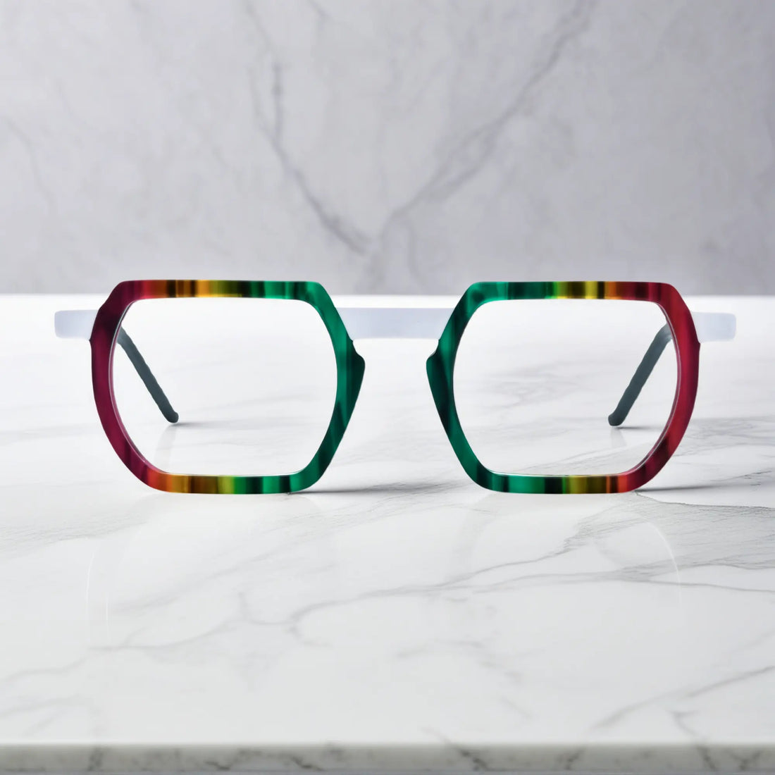 Front view of VoyueLens™ Aurora Fade eyeglasses with stunning multicolor fade and futuristic geometric lines