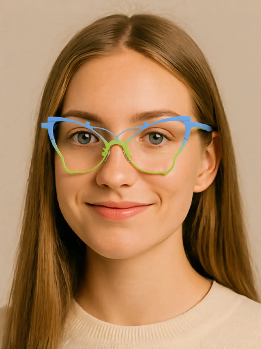 VoyueLens™ cat-eye eyeglasses in blue and green dual-tone frame, model smiling with natural background, highlighting playful unisex retro style – SKU VL185862.