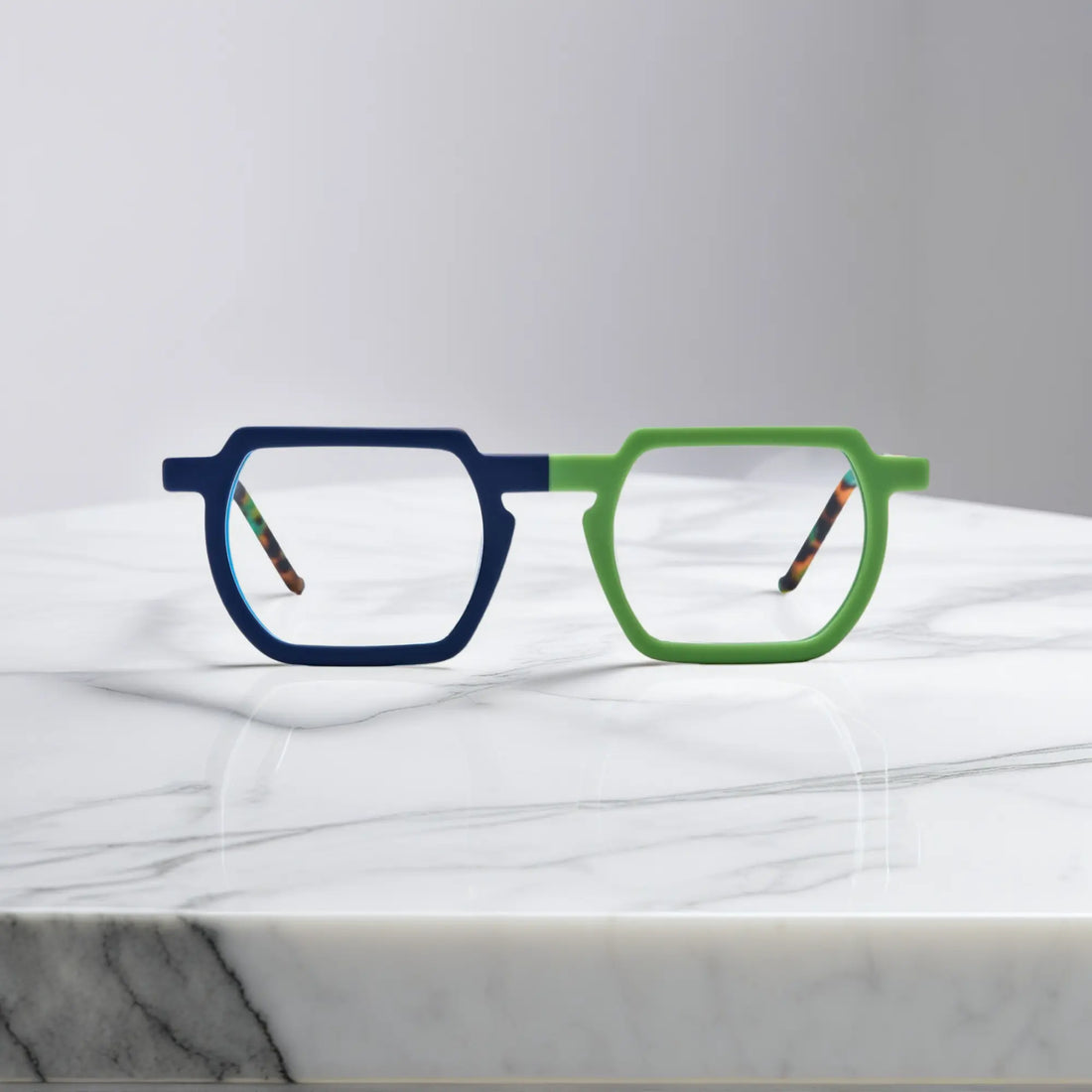 Front view of VoyueLens™ Blue-Green Matte eyeglasses with square frame, bold contrast, and a modern streetwear vibe