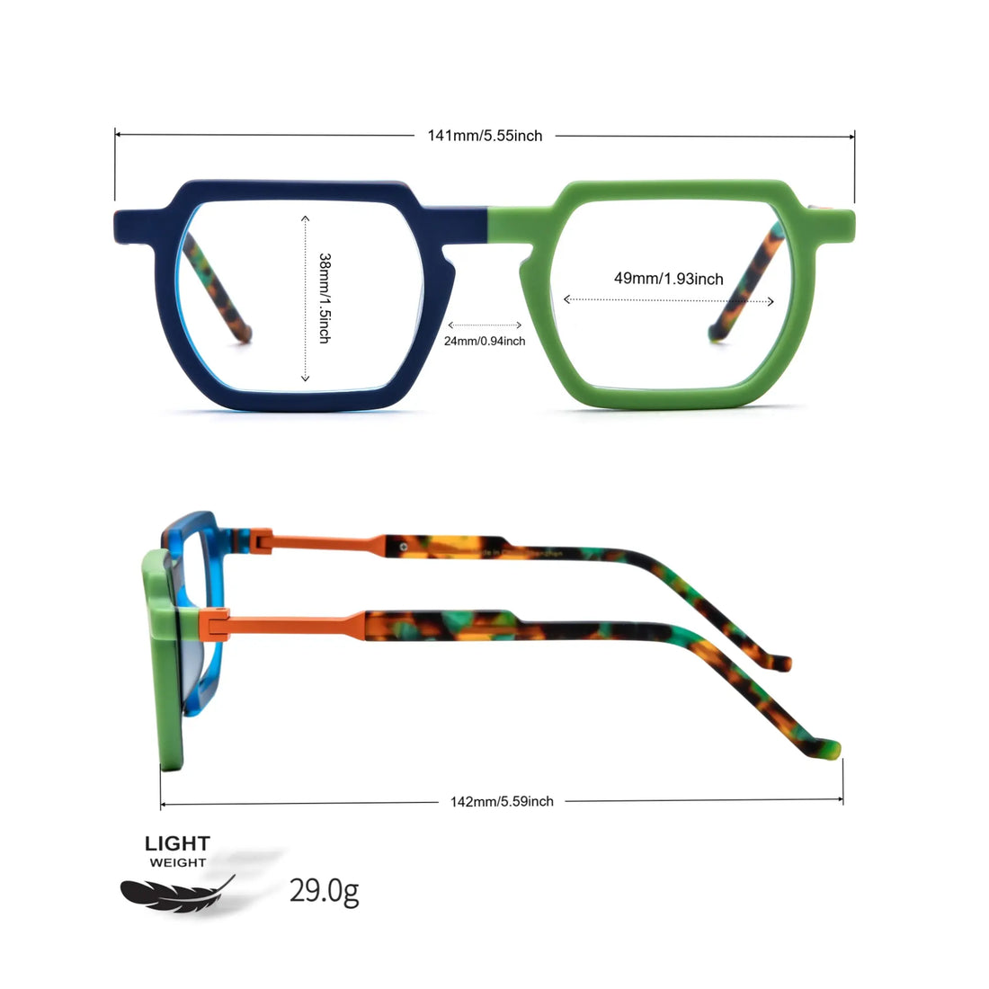 Size guide with full measurements of Blue-Green Matte square acetate frames for medium to large faces