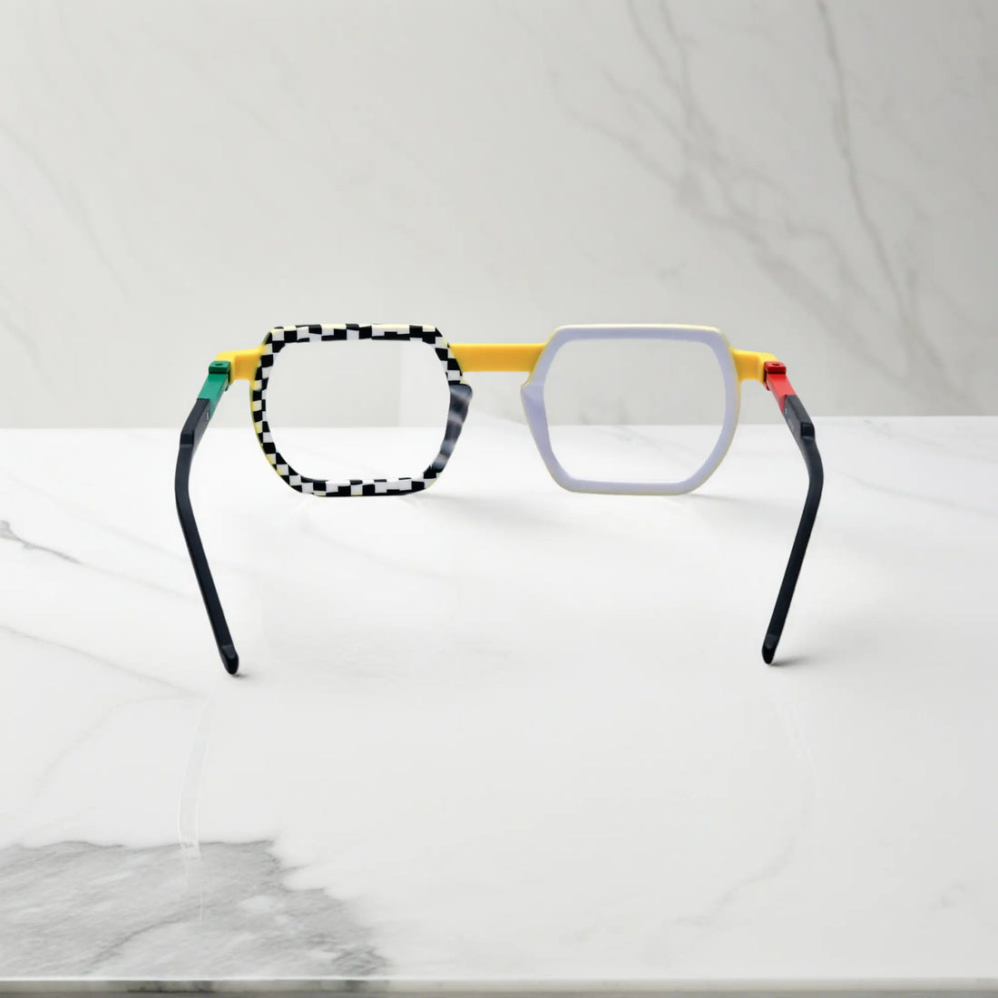 Rear angle of Checkerboard Yellow fashion glasses with matte frame and youthful rebellious appeal