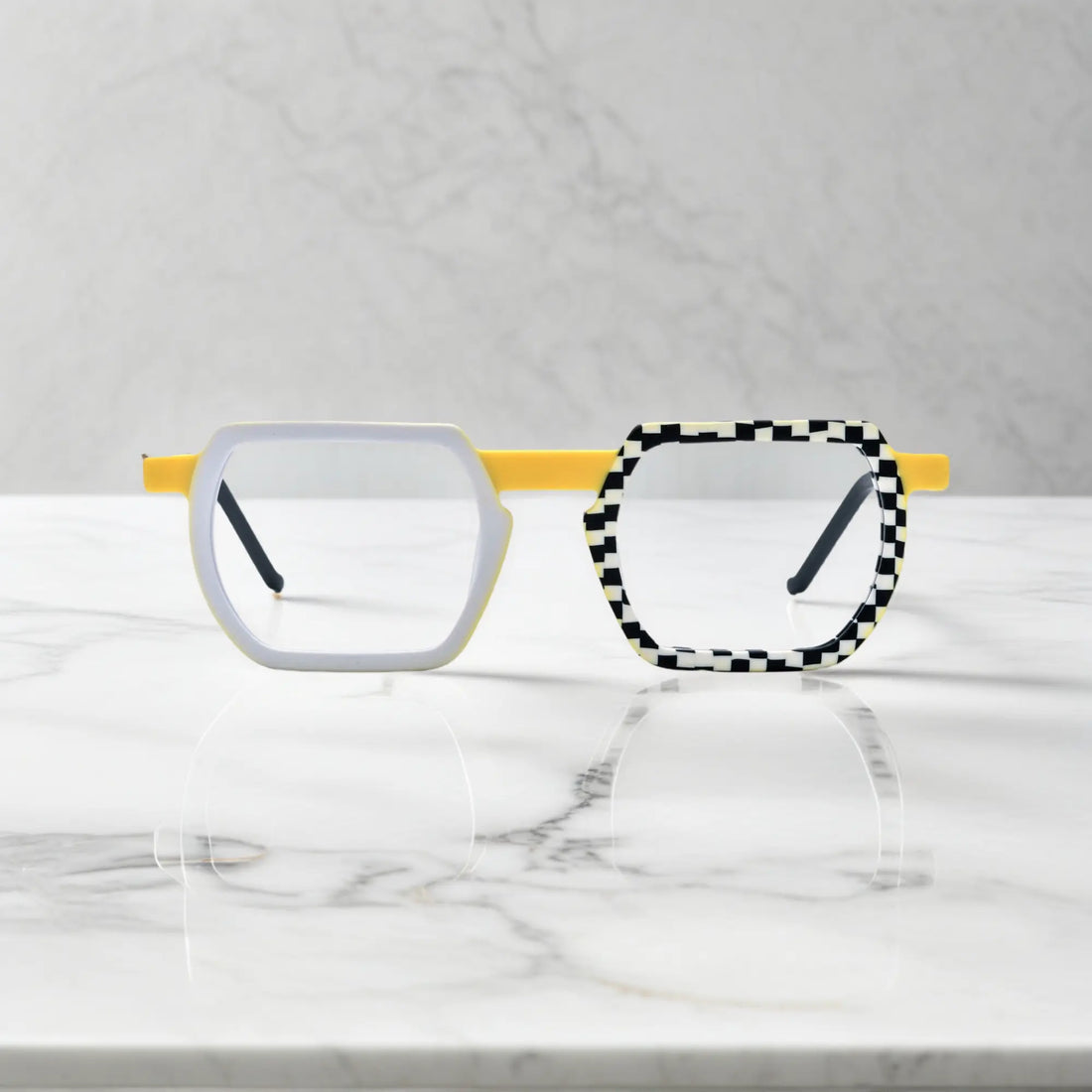 Front view of VoyueLens™ Checkerboard Yellow eyeglasses with standout geometric silhouette and bold contrast