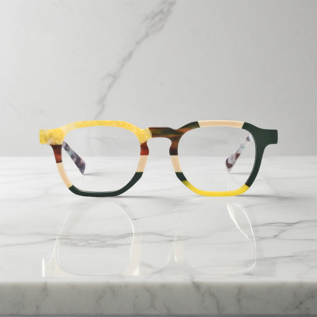 Front view of VoyueLens™ VL19358 Citrus Fade square-glasses, showcasing the bold square frame and vibrant colors.