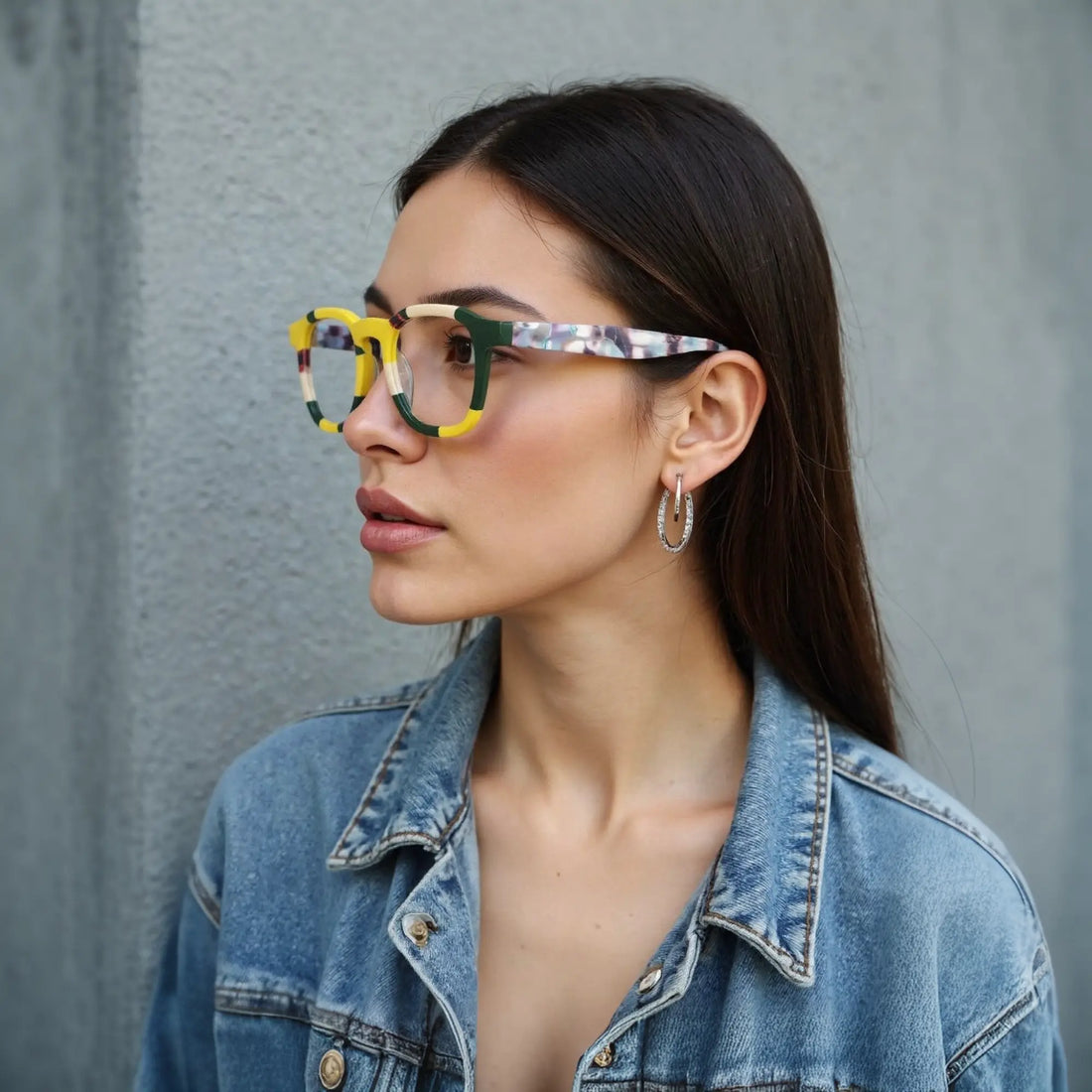 Model wearing VoyueLens™ VL19358 Citrus Fade square-glasses, demonstrating everyday fit and fashion-forward presence.