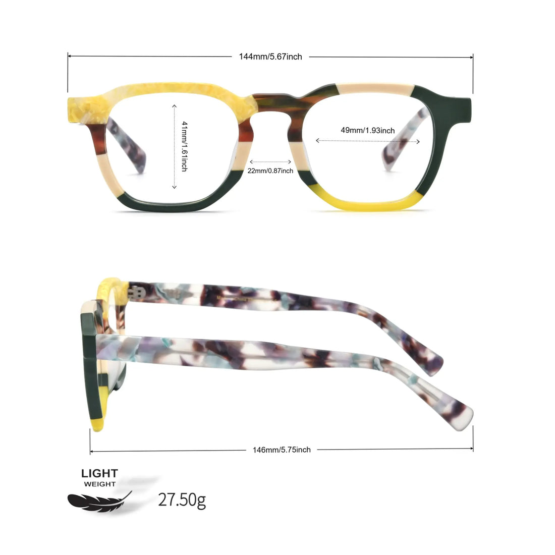 Size guide image of VoyueLens™ VL19358 Citrus Fade square-glasses, with detailed frame measurements for width, lens, and temple length.