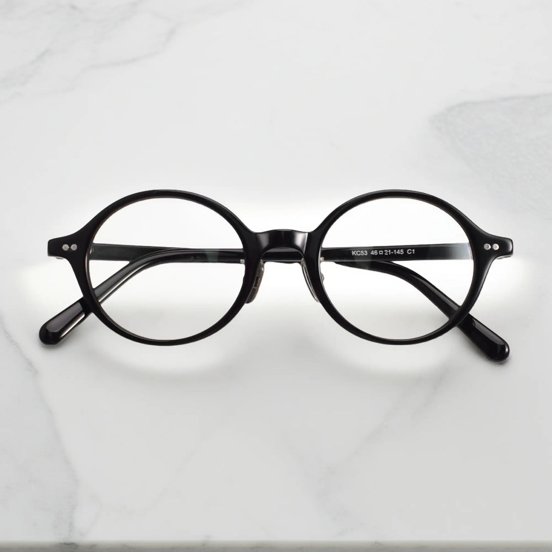 VoyueLens Classic Round Black TR90 Eyeglasses front view with dimensions