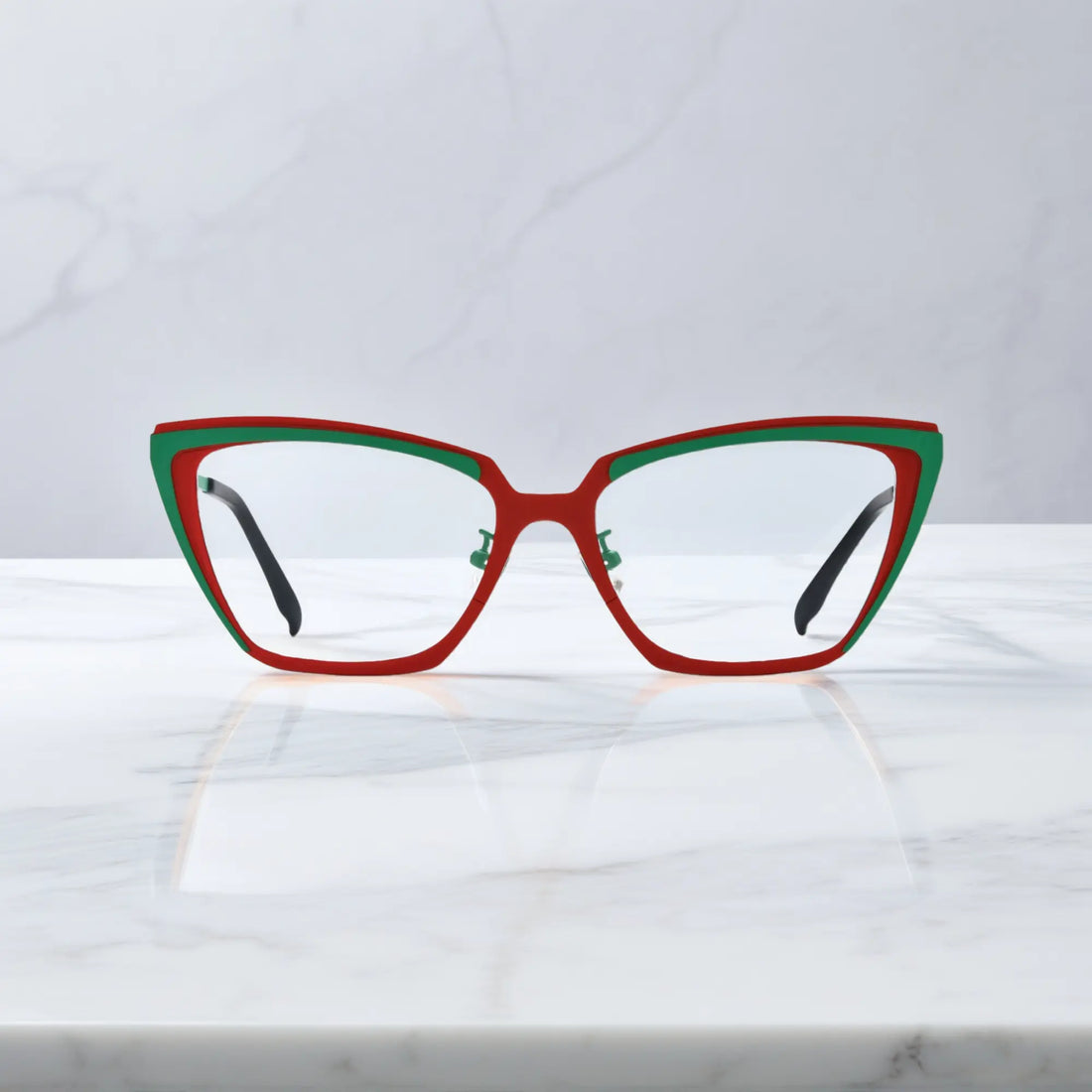 Front view of VoyueLens™ VL185809 Crimson Garden glasses in red-green titanium cat-eye frame