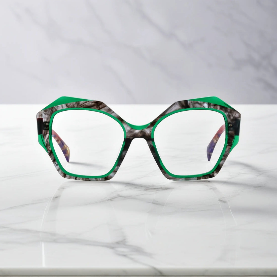 Front view of VoyueLens™ Crimson Jade eyeglasses with deep green frame and bold red arms for a statement look.