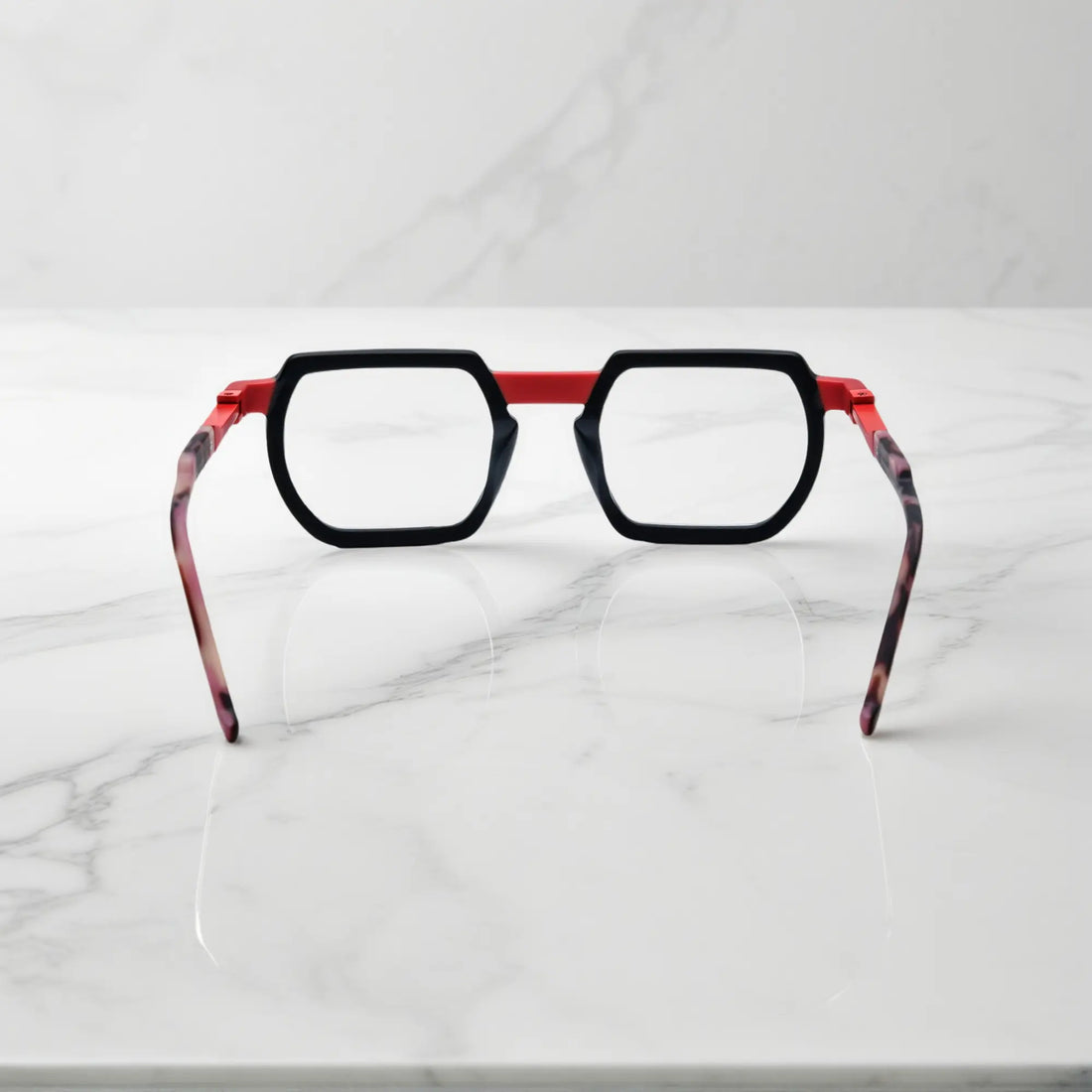 Rear view showing solid acetate construction of Crimson Noir fashion eyeglasses