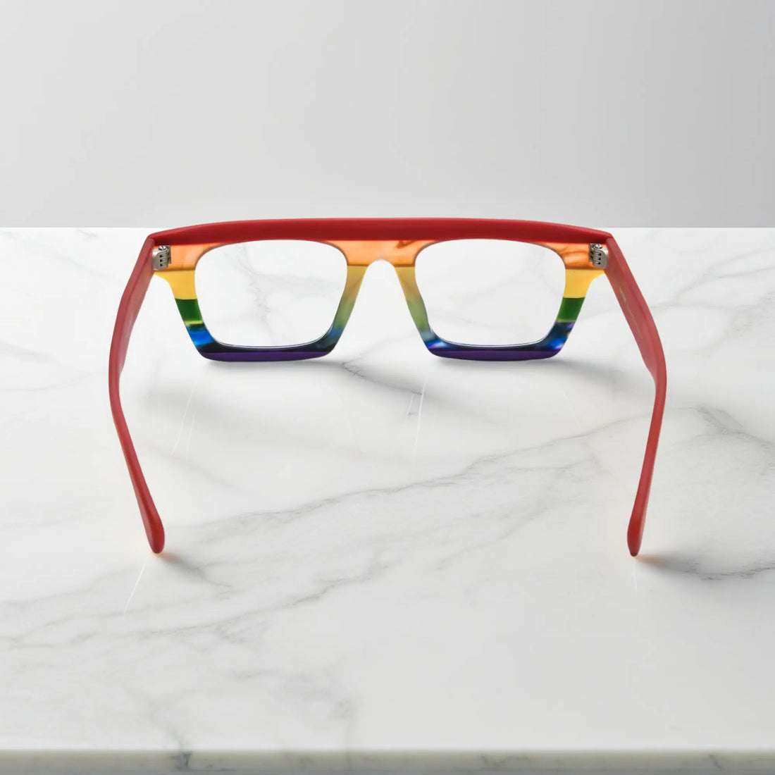 Back angle view showing frame curve and inner detail of VoyueLens Acetate Square Eyeglasses in Crimson Twilight