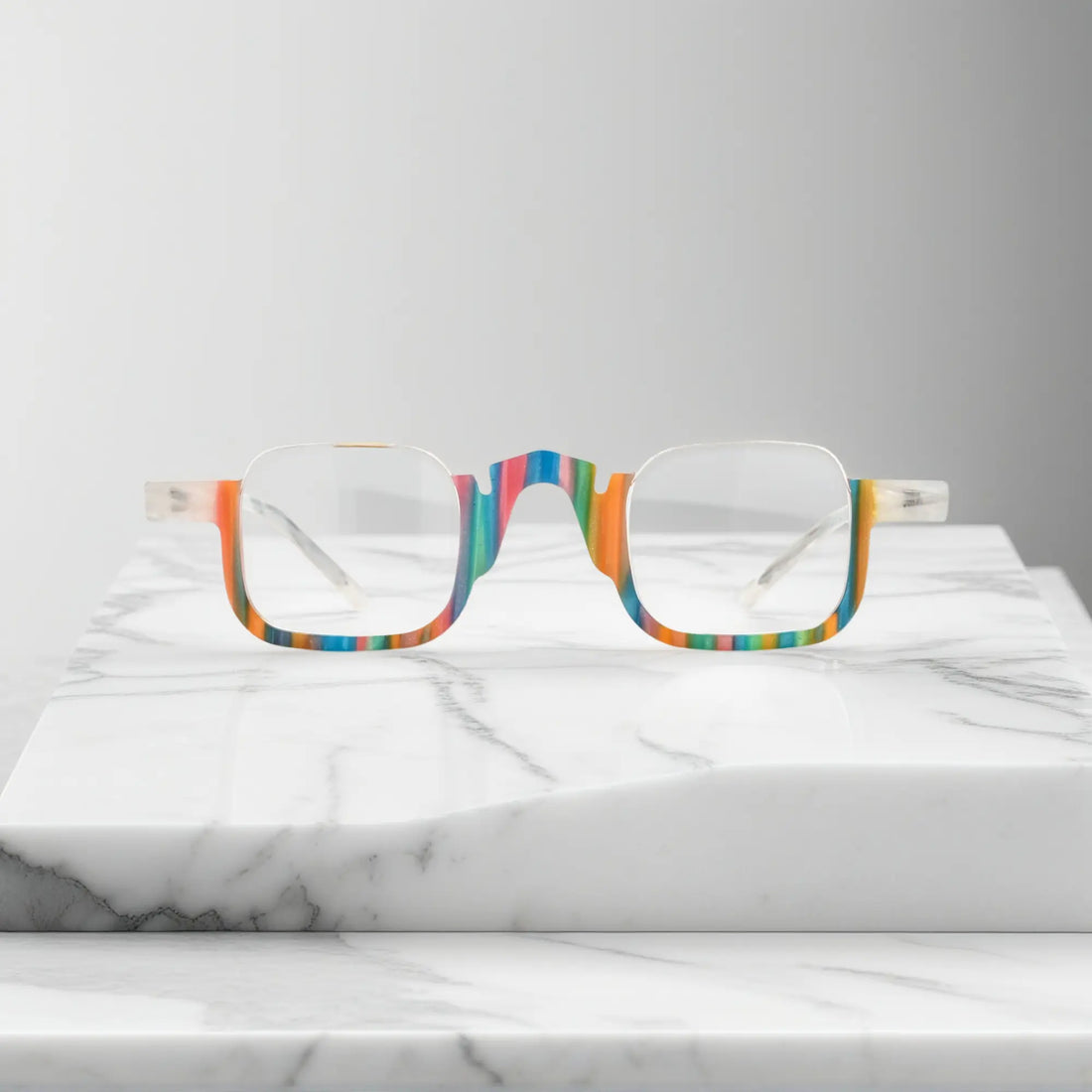 Front view of VoyueLens™ square eyeglasses in crystal aurora acetate, clear colorful fashion frame