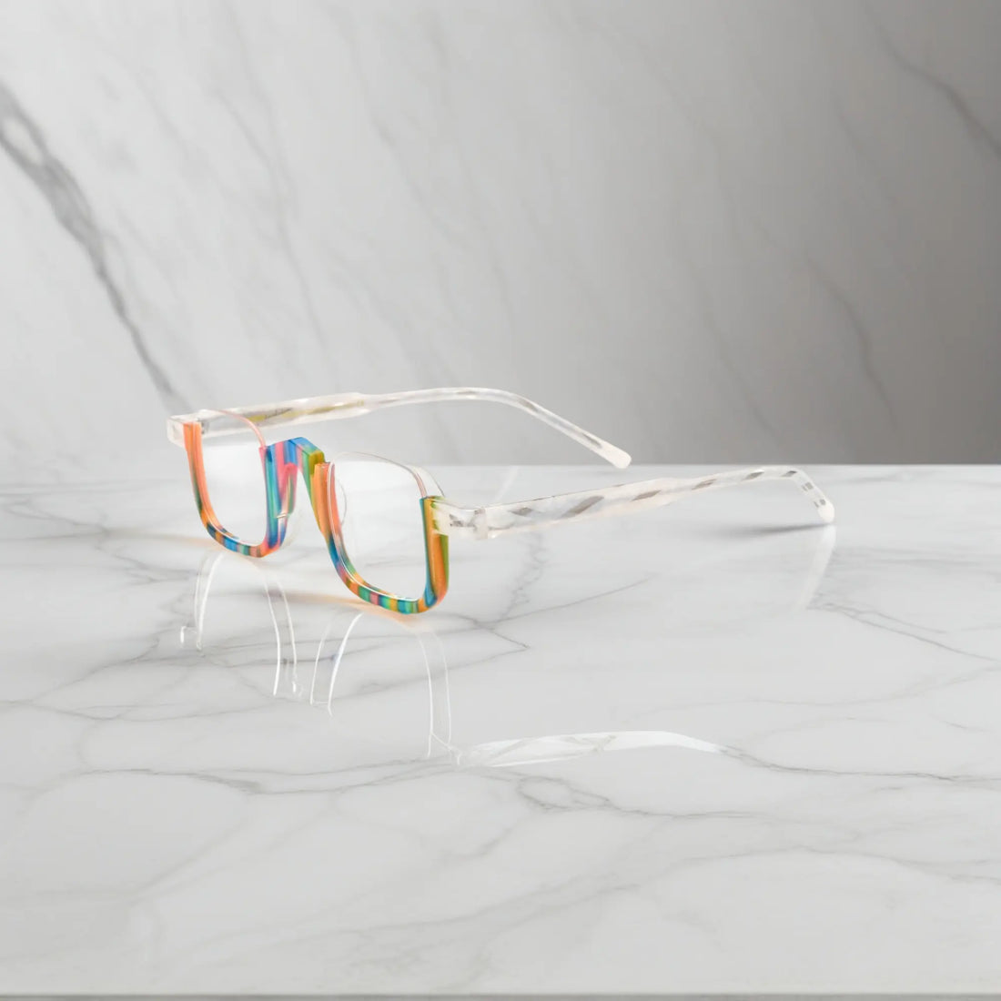 Side angle of VoyueLens™ crystal aurora optical eyeglasses with square frame, vibrant color gradient