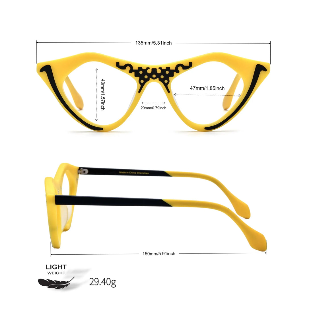 Dimensions of Cyber Yellow VoyueLens™ pixel cat-eye glasses