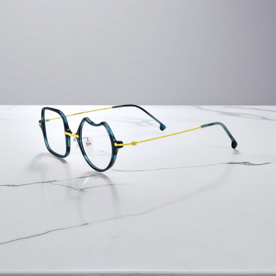 Side View of VoyueLens™ Electric Olive bold abstract eyeglasses VL185842-C5. Side profile emphasizing the sleek titanium temples and ergonomic curve.