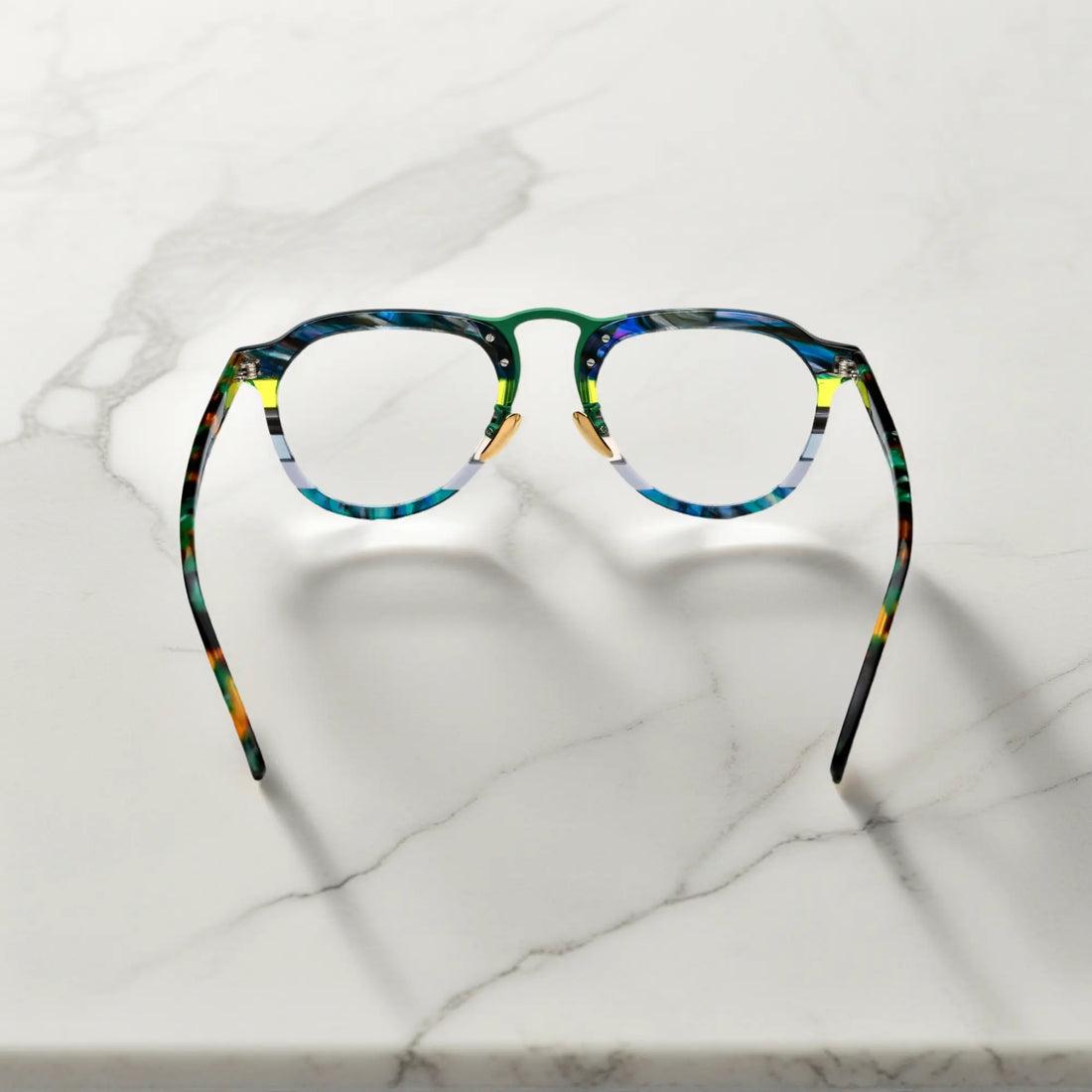 Rear view of VoyueLens Forest Aurora green amber acetate aviator glasses