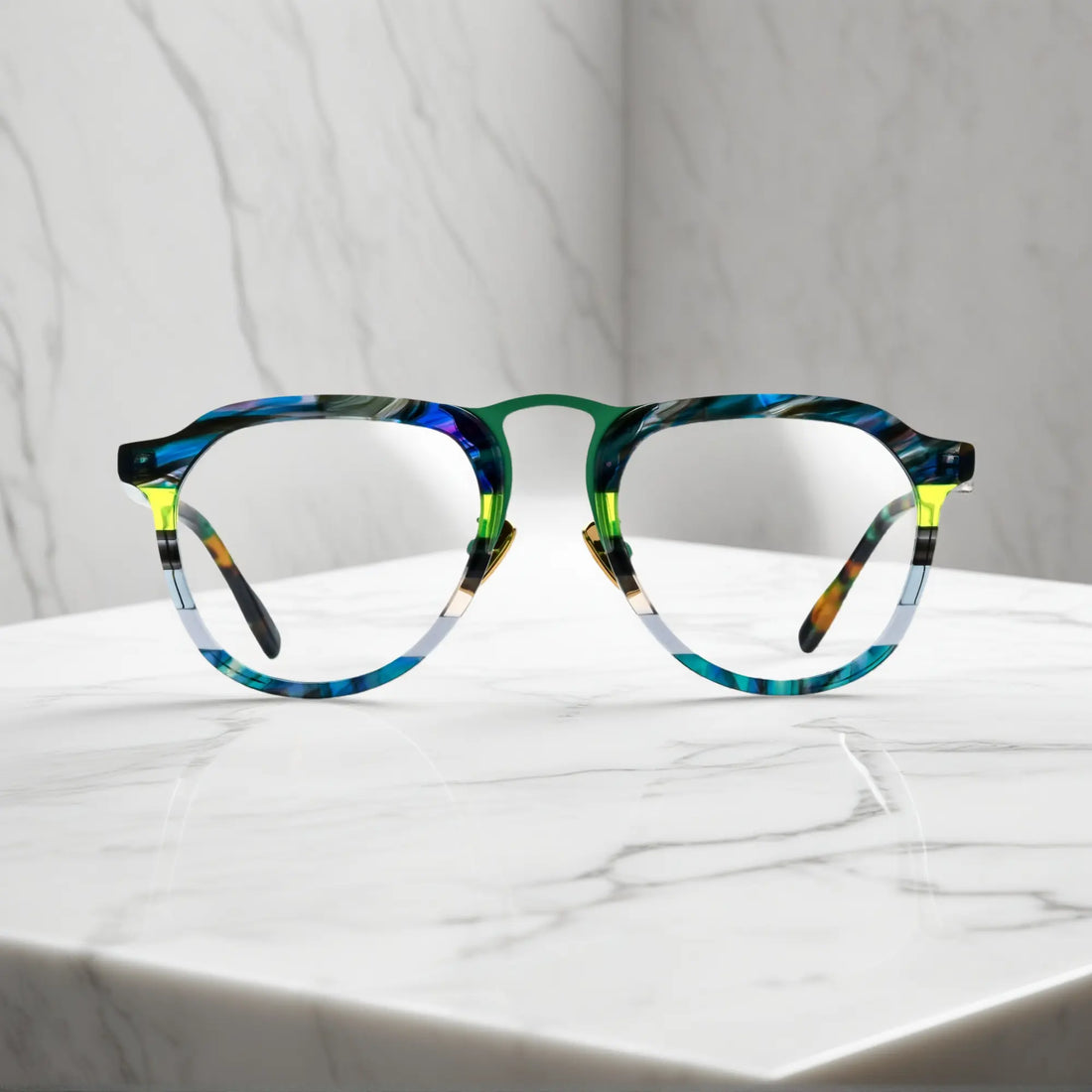 Front view of VoyueLens Forest Aurora green amber acetate aviator glasses