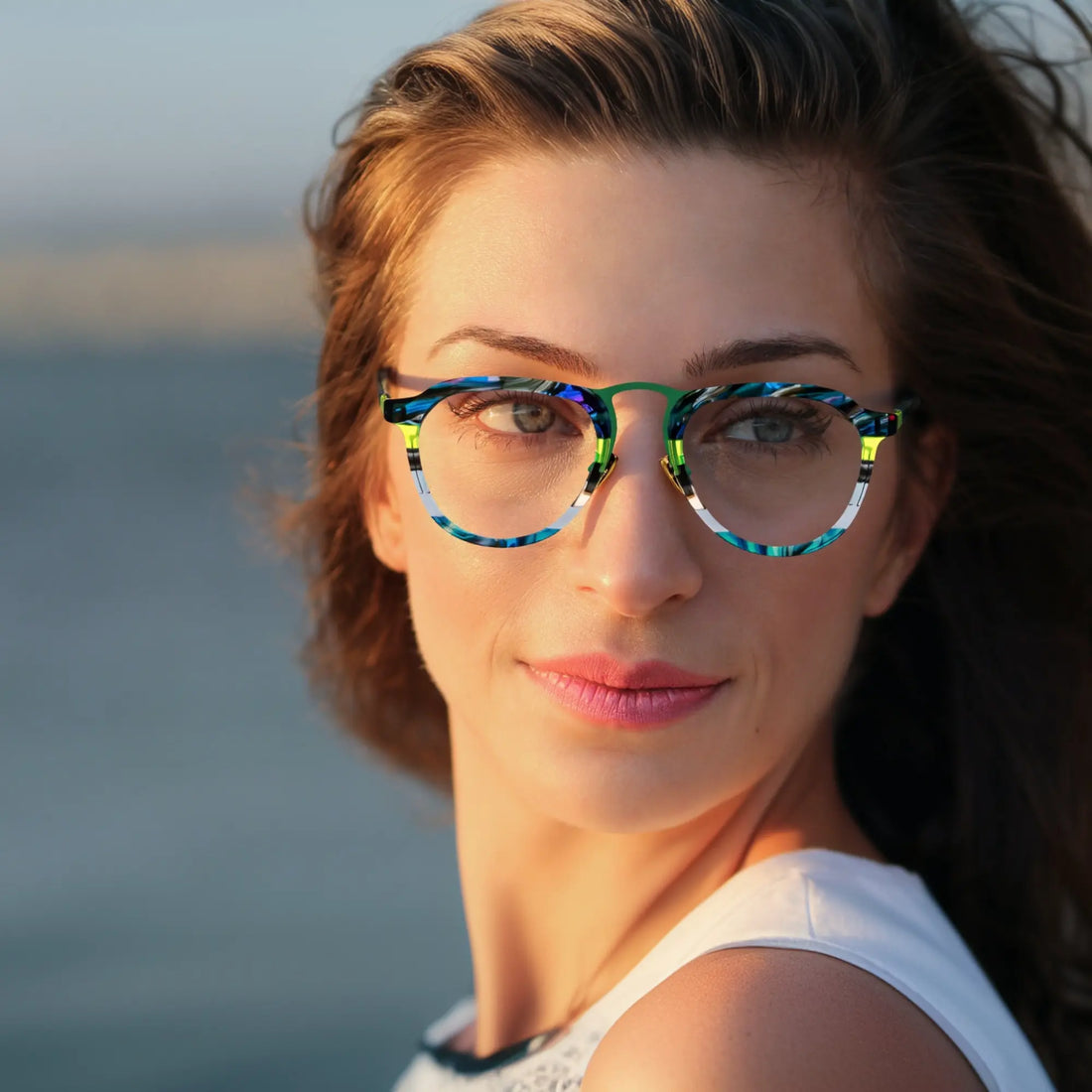 Model wearing VoyueLens Forest Aurora green amber acetate aviator glasses