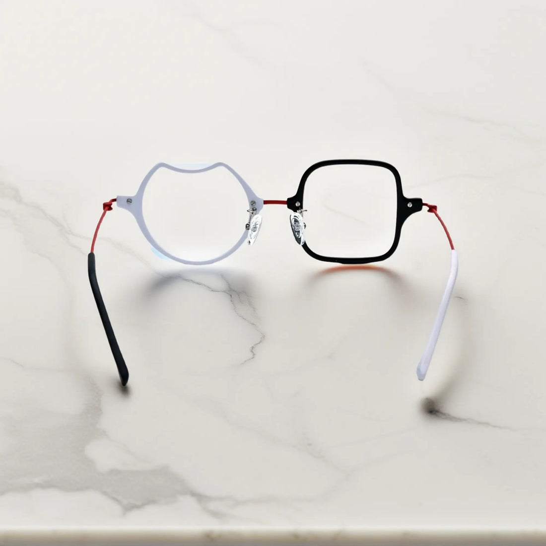 Back View of VoyueLens™ Frosted Crimson asymmetric titanium eyeglasses VL185842-C2. Rear view displaying the acetate frame and the titanium temple connection structure.