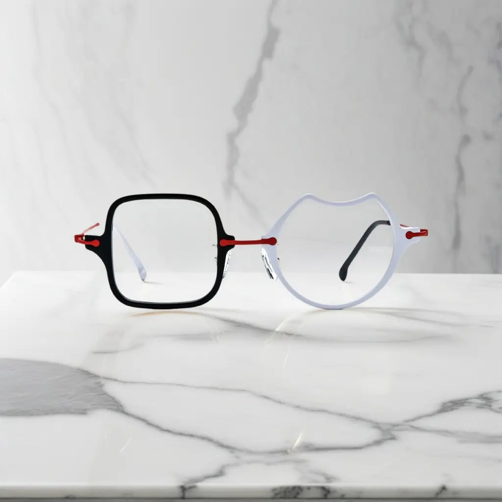 Front View of VoyueLens™ Frosted Crimson asymmetric titanium eyeglasses VL185842-C2. Close-up of the front-facing design showing the asymmetric lens combination with acetate finish.