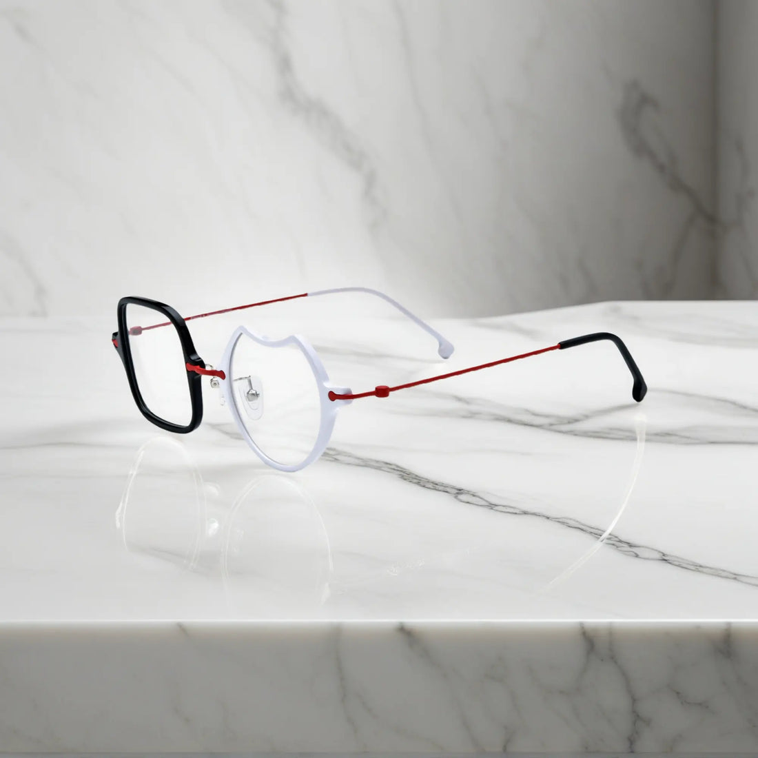 Side View of VoyueLens™ Frosted Crimson asymmetric titanium eyeglasses VL185842-C2. Side profile emphasizing the sleek titanium temples and ergonomic curve.