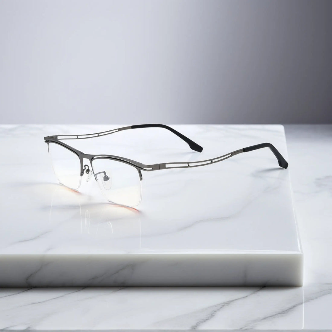 VoyueLens™ Graphite Gray titanium semi-rim eyeglasses side view