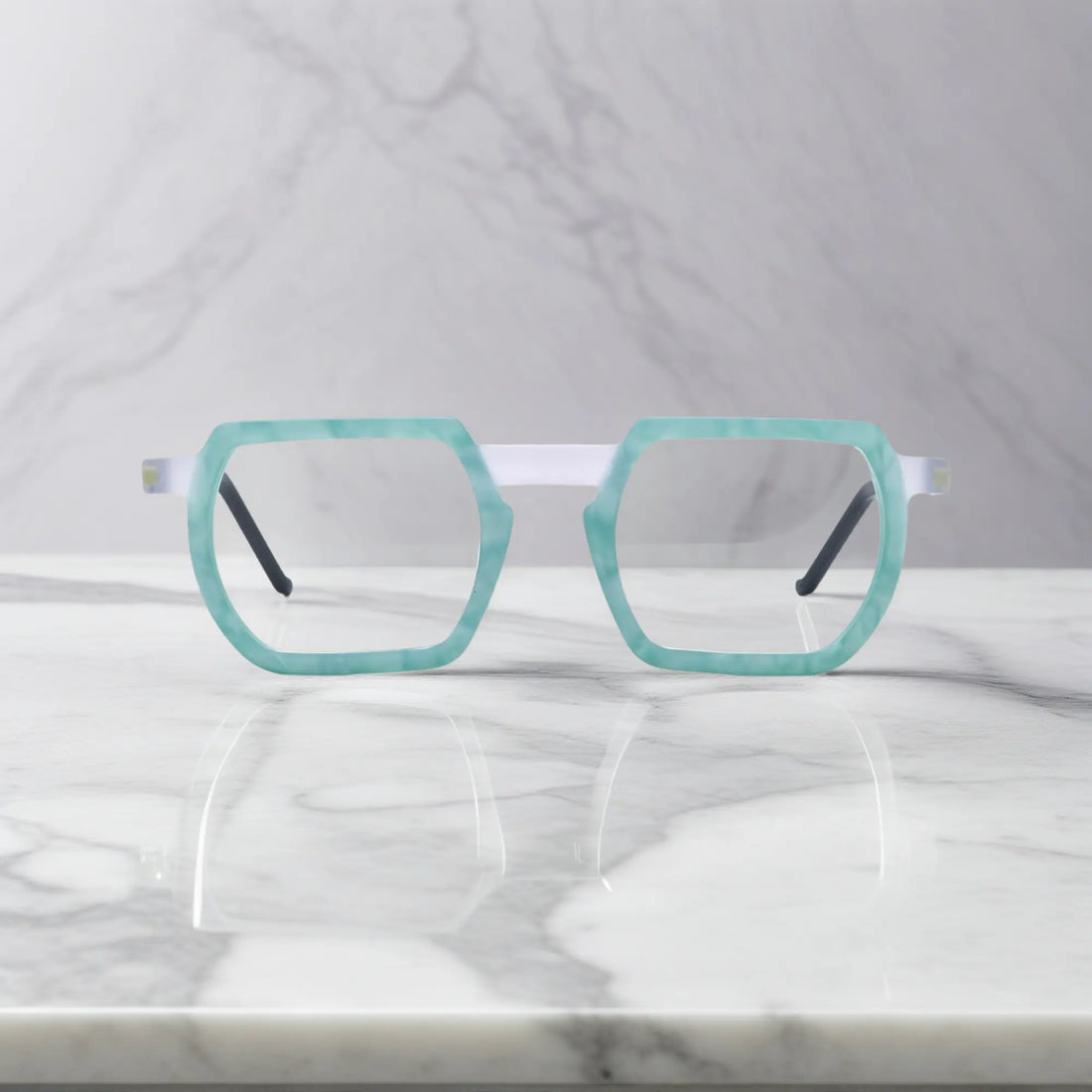 Front view of VoyueLens™ Ice Marble eyeglasses with translucent mint-white acetate frame in a soft matte texture
