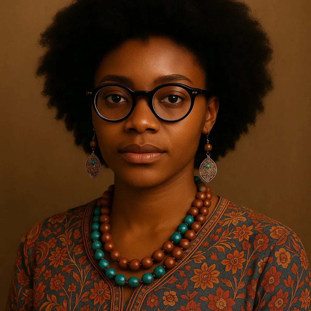 Model wearing VoyueLens™ VL-KC53 black round eyeglasses with bohemian-style jewelry and floral ethnic attire, front-facing portrait on warm-toned background.