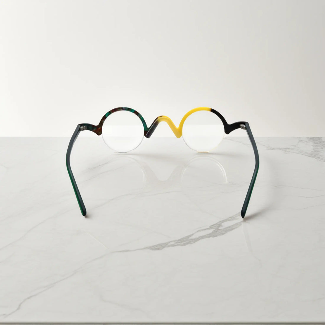 Back perspective of VoyueLens™ Lemon-Lime semi-rimless browline eyeglasses, showing fine matte craftsmanship.