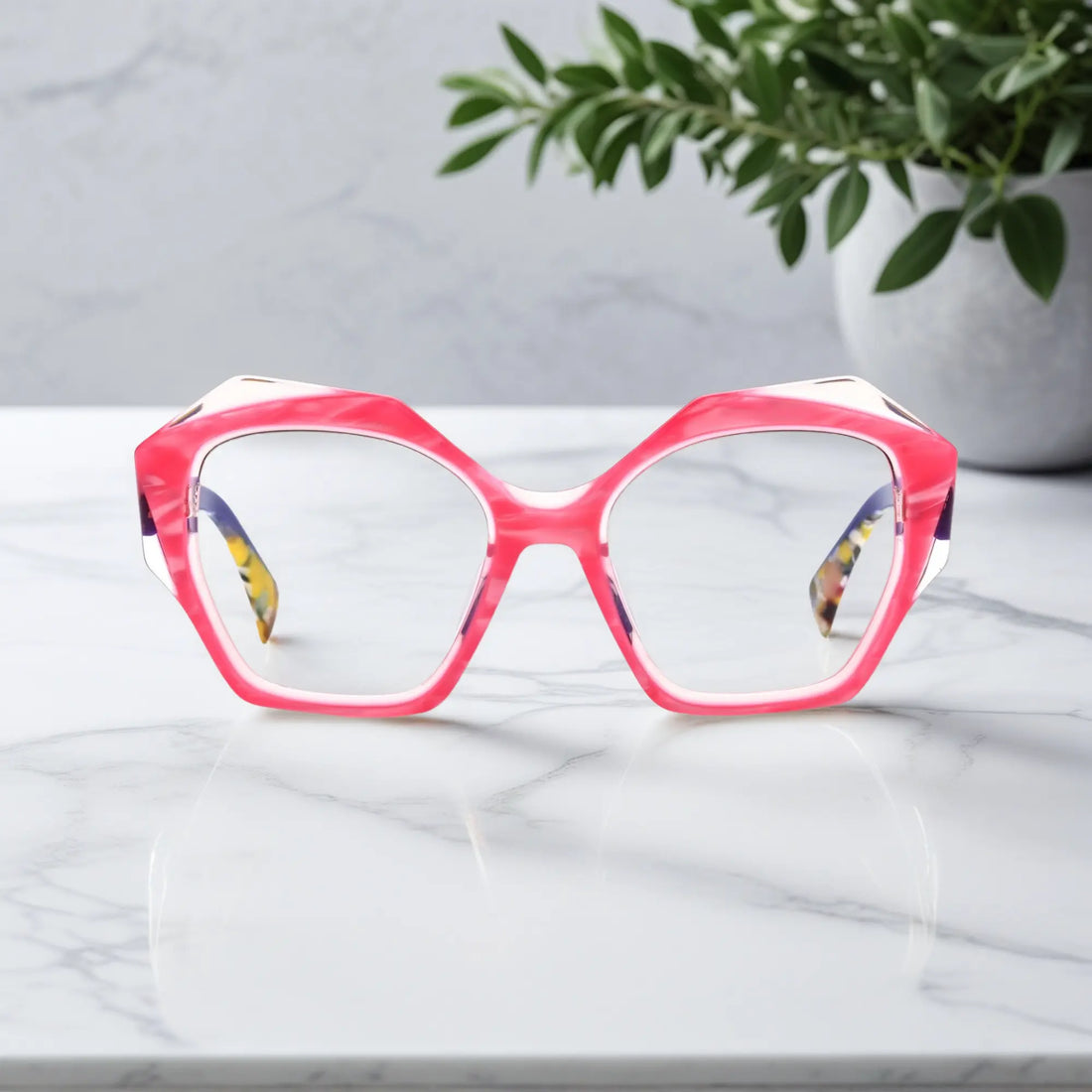 Delicate front view of VoyueLens™ Lilac Frost glasses with translucent pink front and lavender temples.