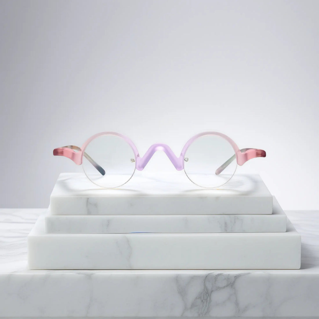 Front image of VoyueLens™ Lilac-Rose semi-rimless browline eyeglasses in soft pastel matte finish.