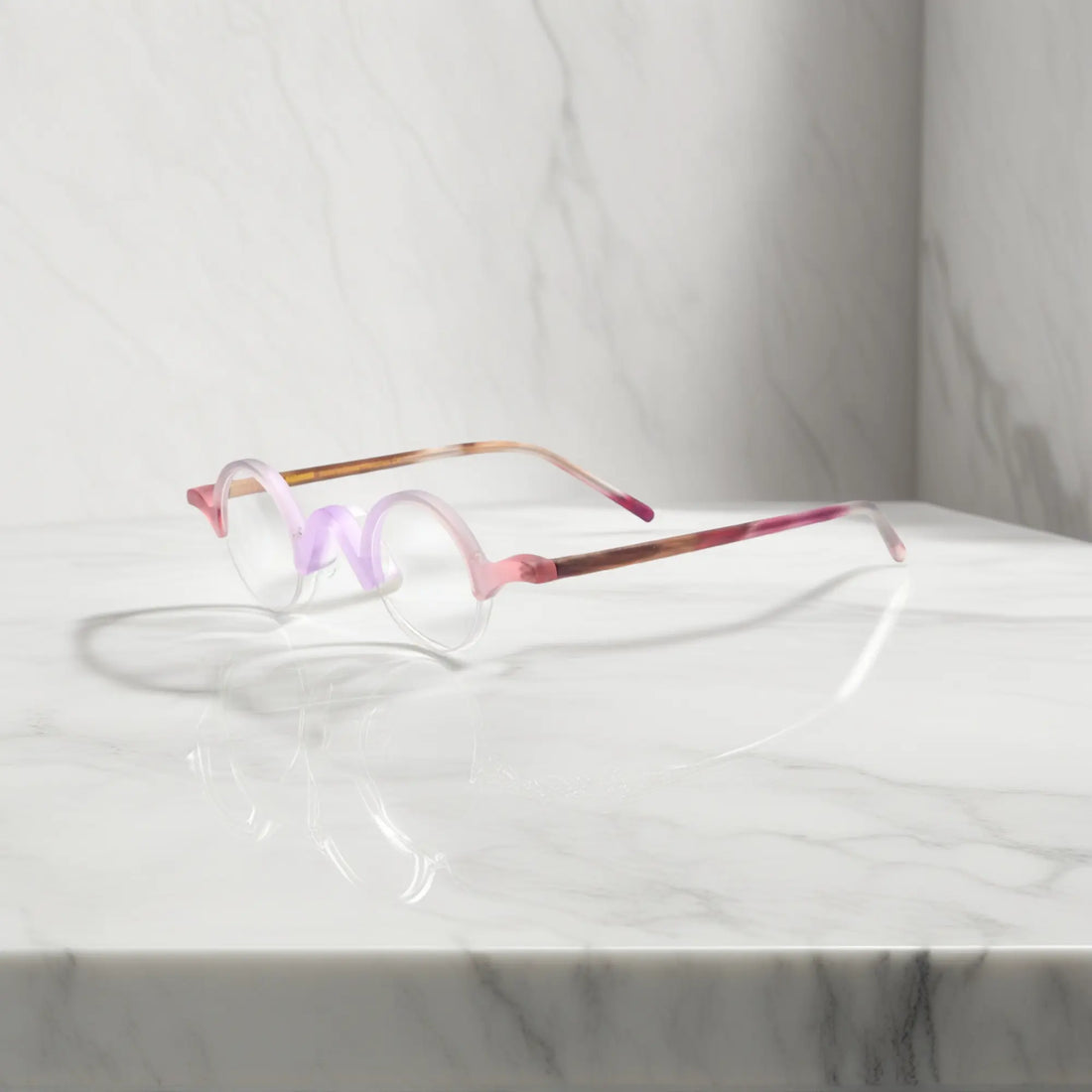 Side view displaying VoyueLens™ Lilac-Rose semi-rimless browline eyeglasses' matte pink and purple tones.