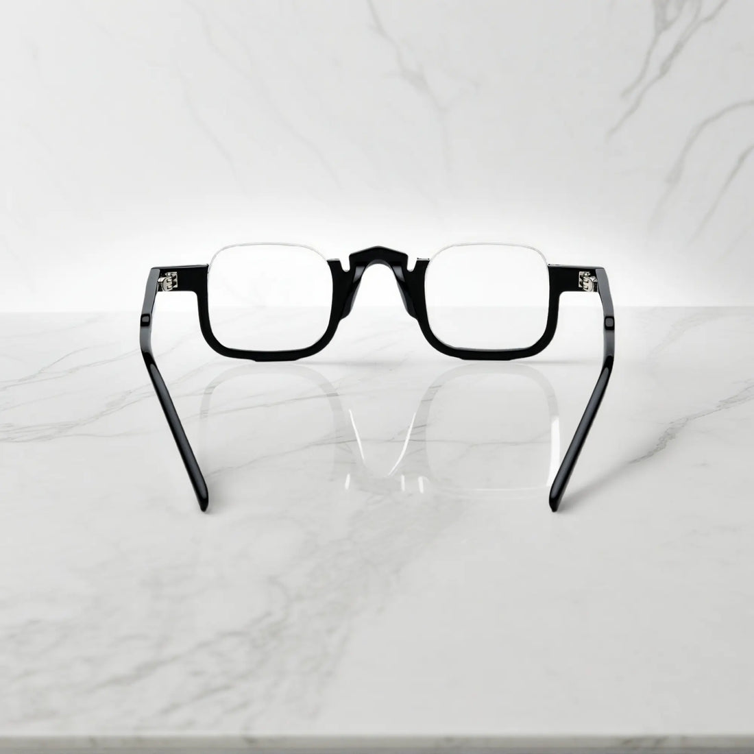 Rear view of VoyueLens™ midnight black square glasses frame with polished acetate finish