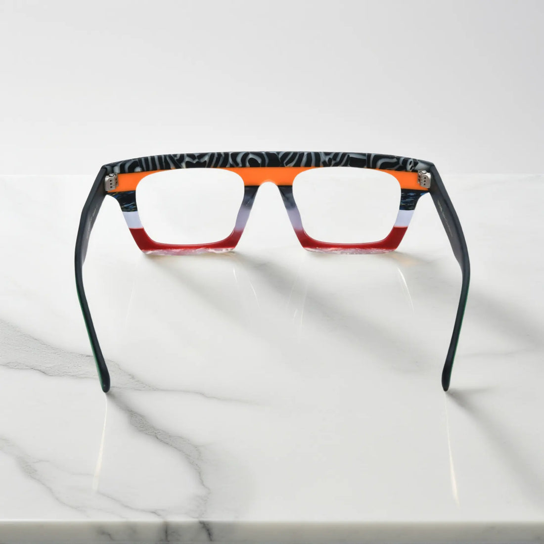 Back angle view showing frame curve and inner detail of VoyueLens Acetate Square Eyeglasses in Midnight Floral