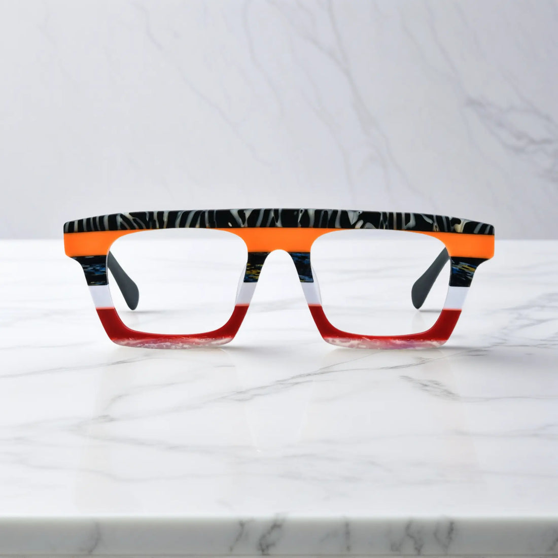 Front-facing view showcasing the bold square frame design of VoyueLens Acetate Square Eyeglasses in Midnight Floral
