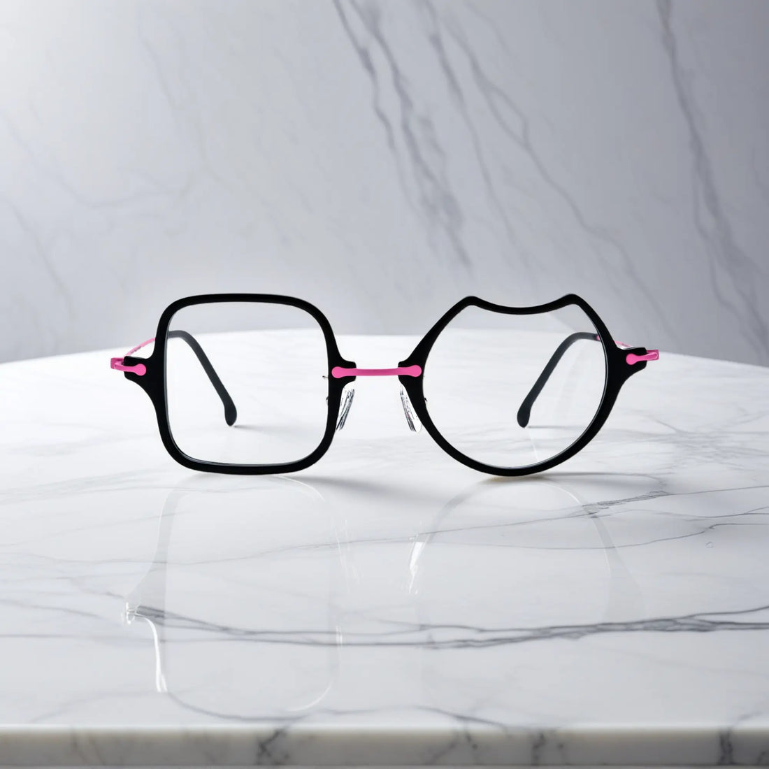Front View of VoyueLens™ Neon Bloom stylish asymmetric eyeglasses VL185842-C6. Close-up of the front-facing design showing the asymmetric lens combination with acetate finish.