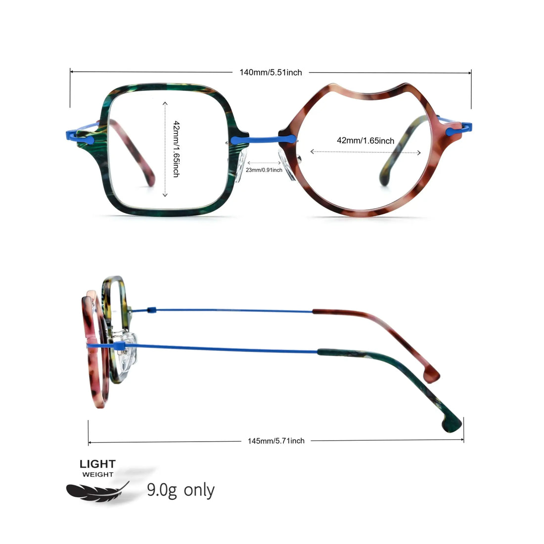 Size Chart of VoyueLens™ Ocean Brick abstract eyeglasses VL185842. Detailed measurements of lens width, bridge, and temple length for sizing reference.