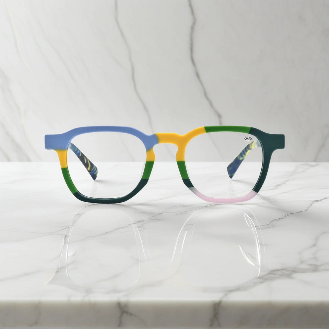 Front view of VoyueLens™ VL19358 Ocean Tortoiseshell acetate-eyewear, showcasing the bold square frame and vibrant colors.