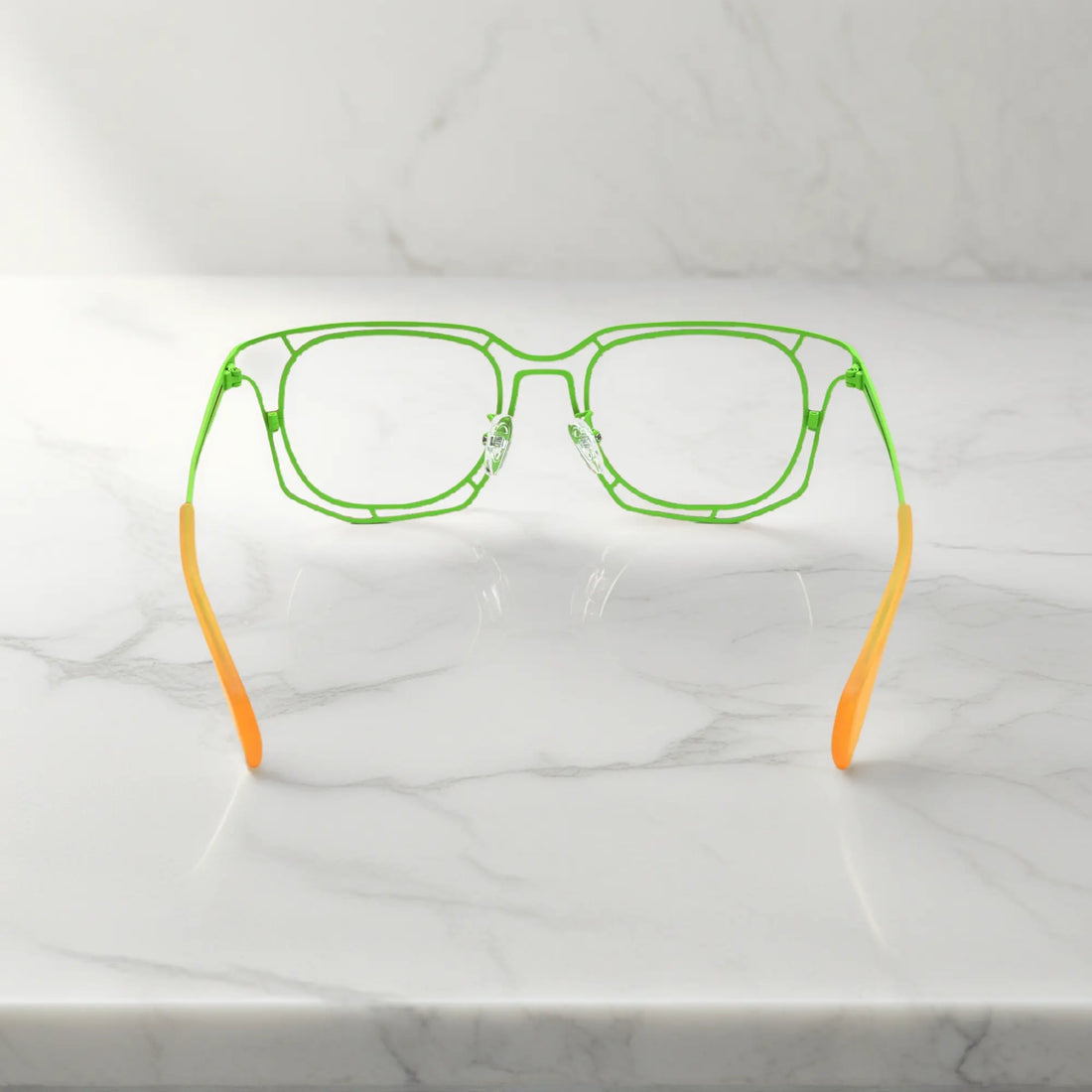 Rear view of Rainbow Burst frame with temple color contrast